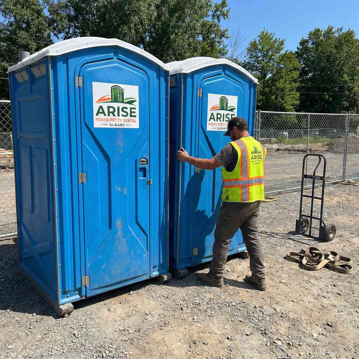 Arise Porta Potty Rental Albany service crew setting up portable restrooms